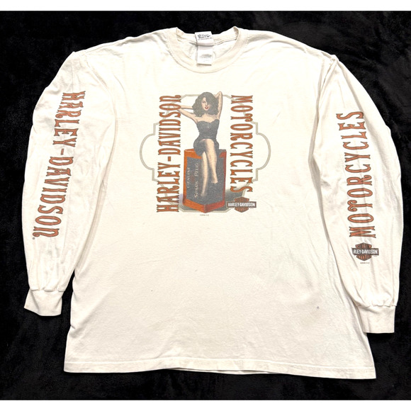 Harley Davidson Shirt Mens Large Long Sleeve Pinup Graphic Biker 2008 Y2K - Picture 1 of 12